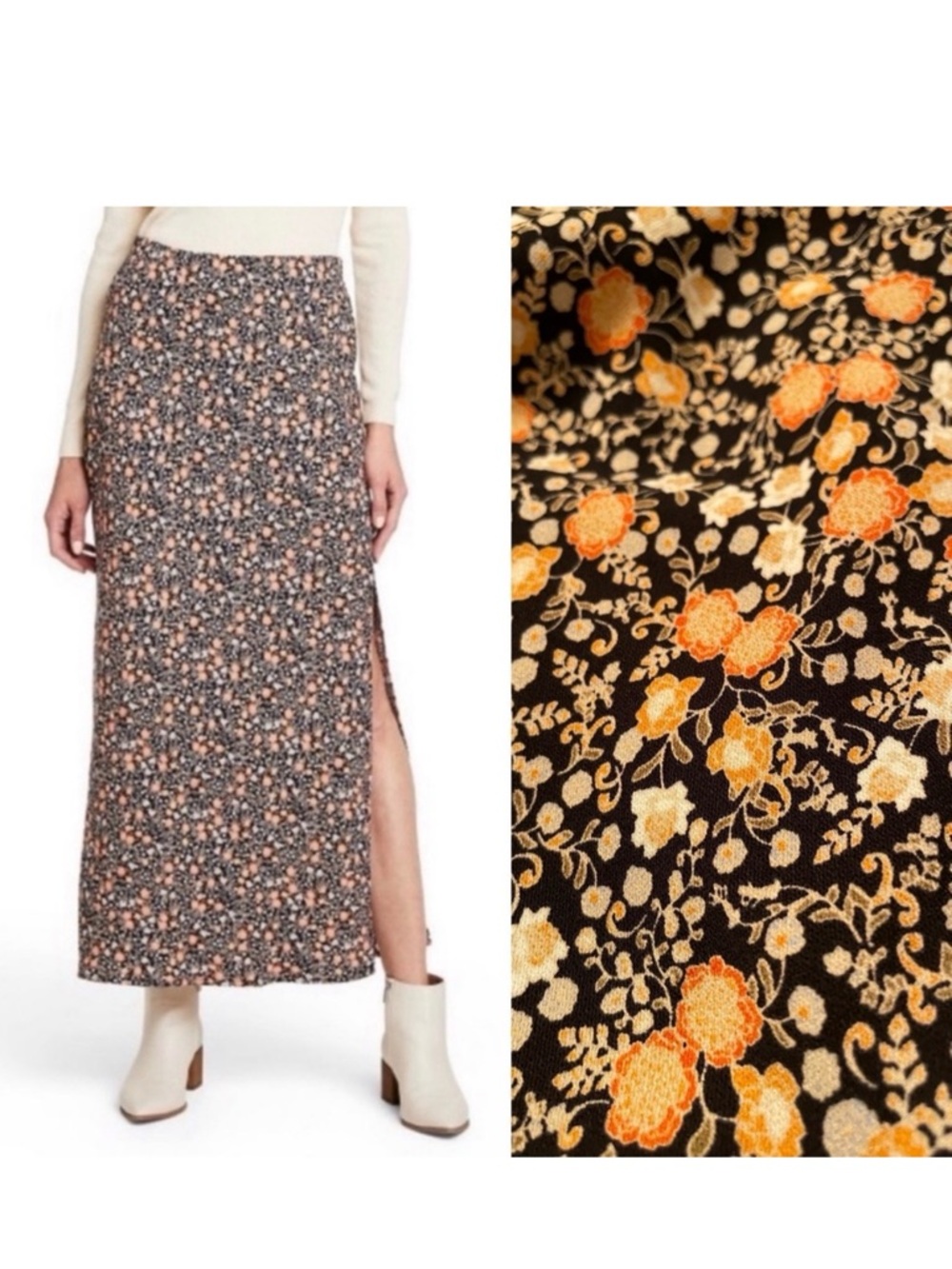 Nili Logan for Target Floral Maxi Skirt with Side Slit - Black & Orange NWT